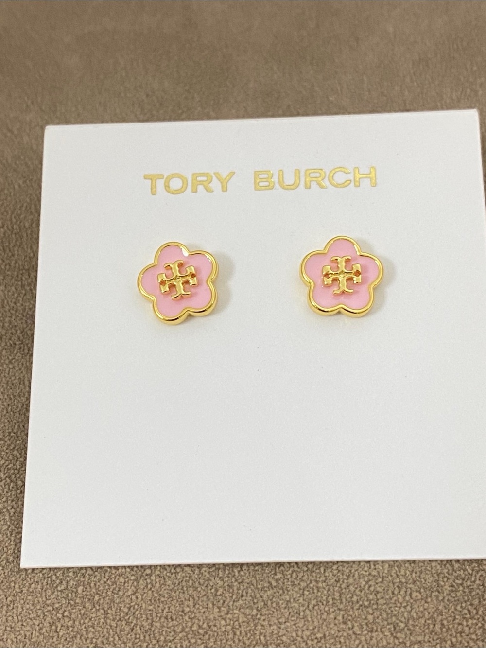 Tory Burch Gold Trim Pink Flower Logo Stud Earrings for Kids